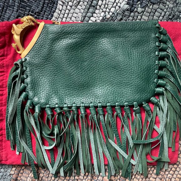 VALENTINO Garavani Green Leather Scarab Fringe Clutch Bag - Picture 2 of 5